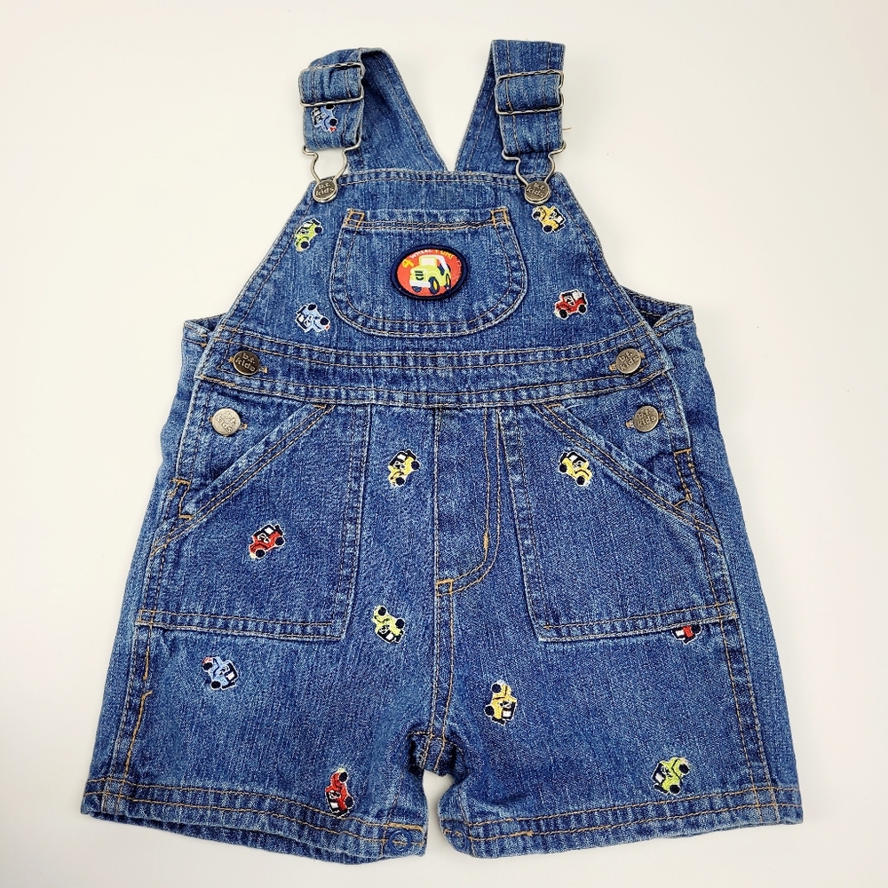 k.t. Kids Boys Denim Overall Bib Shorts with Embroidered Cars Sz 12 months